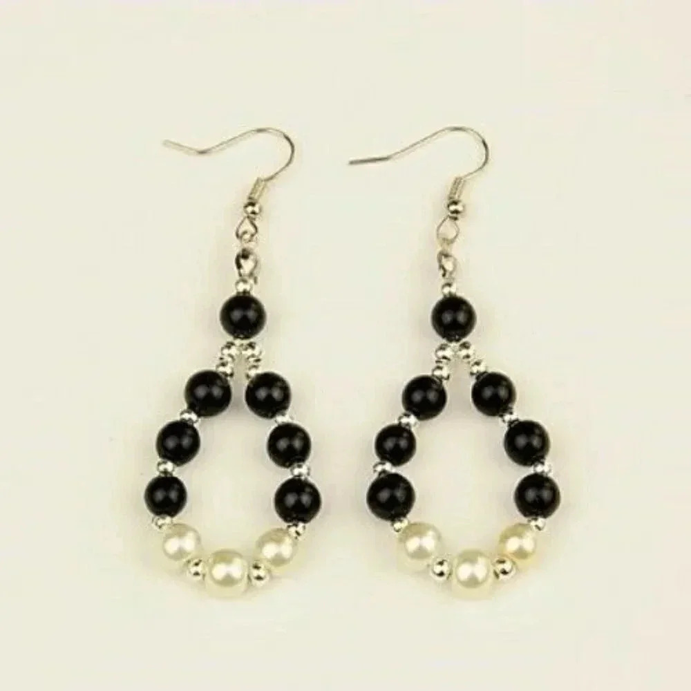 Handcrafted Black White Silver Beads Teardrop Dangle Earrings